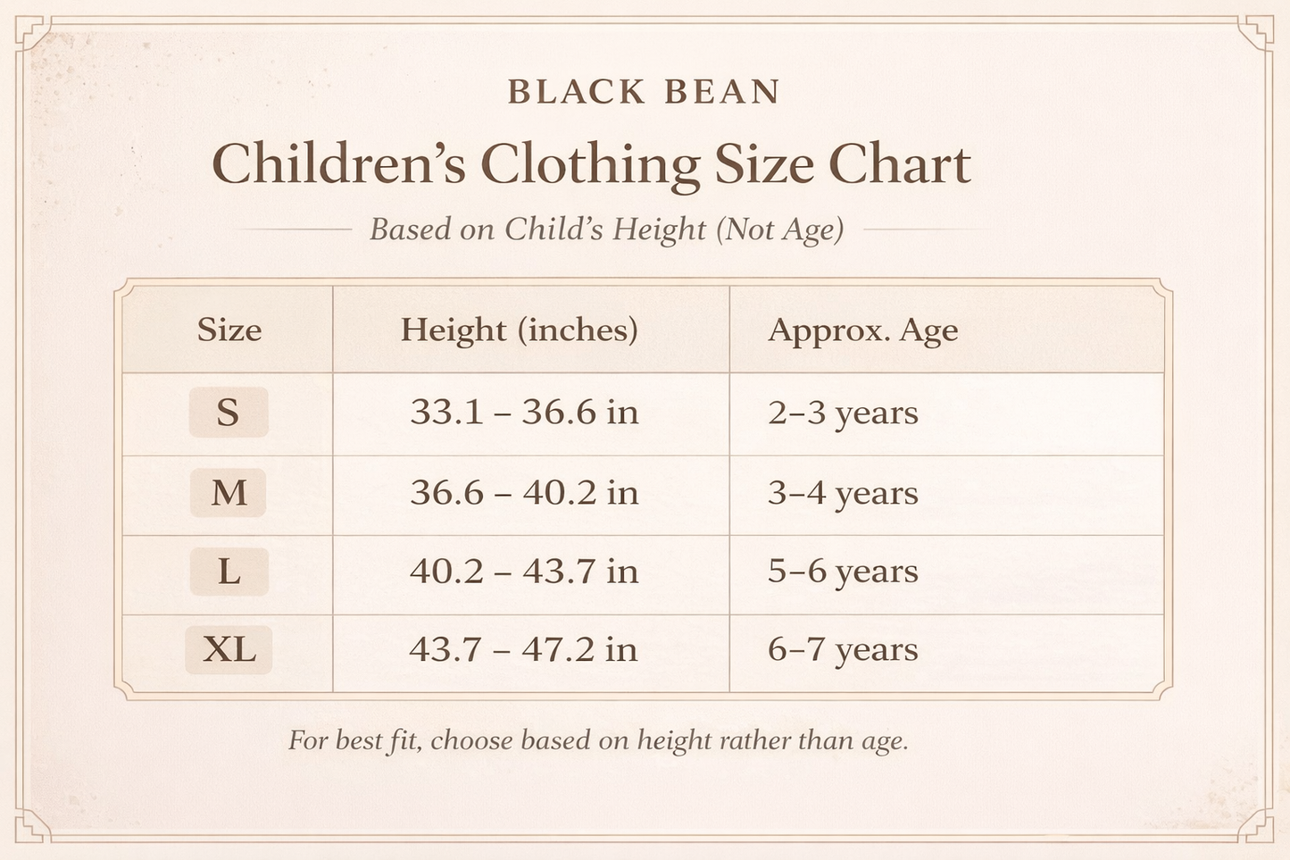 Children's clothing size chart for black bean, based on height rather than age.