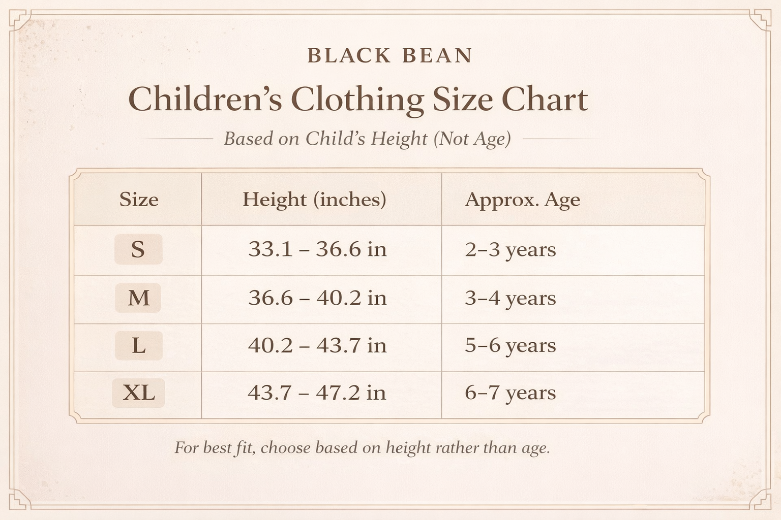 Children's clothing size chart for black bean, based on height rather than age.