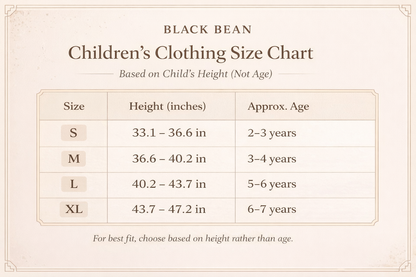 Children's clothing size chart for black bean, based on height rather than age.